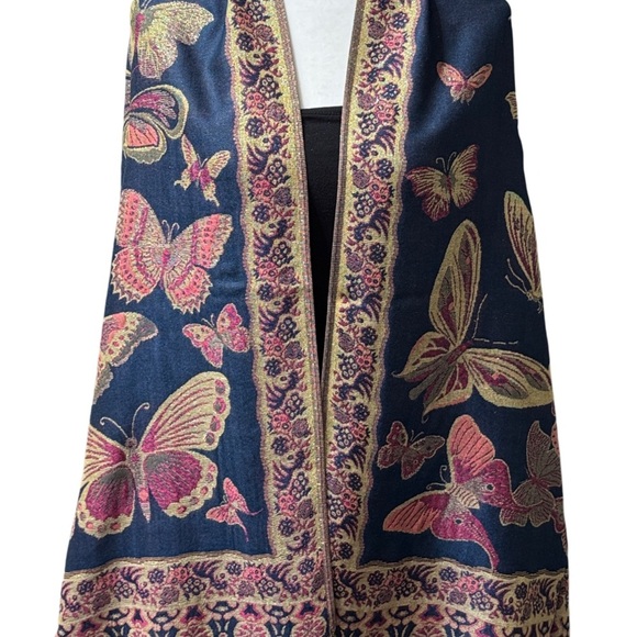Blue Pink Fuchsia Gold Metallic Fringed Butterfly Shawl Wrap/ Scarf NEW - Picture 3 of 10